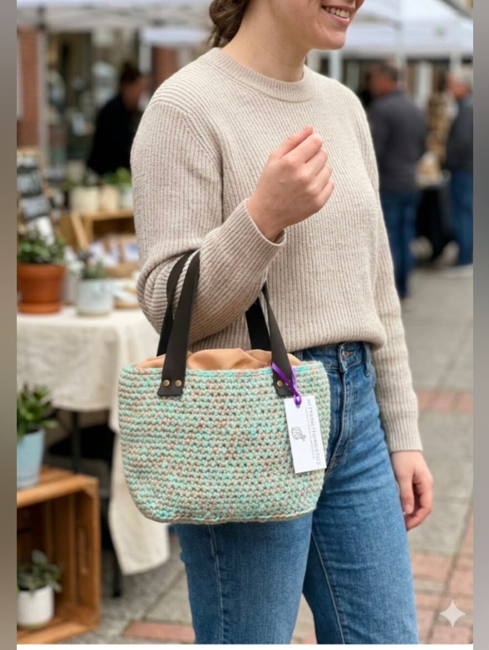 Handmade Crochet Mini Bucket Bag Genuine Leather Handles Pistachio Taupe